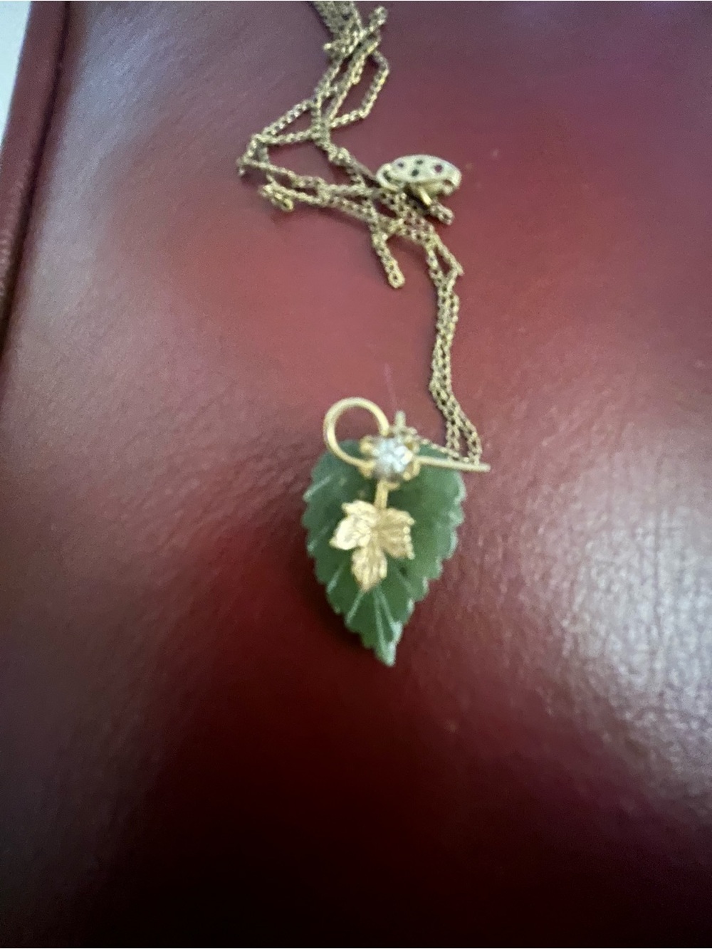 Vintage Gold Filled Leaf Green Jade Pendant Necklace
